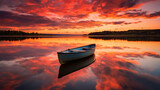 Fototapeta Zachód słońca - A serene sunset photo features a glassy lake reflecting the sky with soft pastels and vivid oranges. A lone boat drifts calmly, capturing the tranquil beauty.