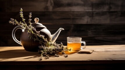 Wall Mural -  a teapot with a glass of tea next to it and a branch of lavender on top of a wooden table.