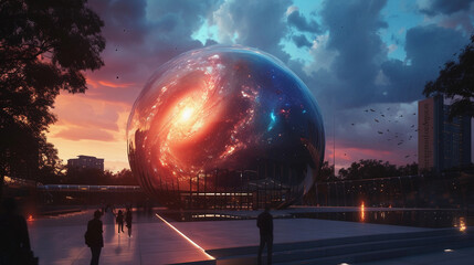 Wall Mural - planetarium at dusk, its modern glass and steel structure glowing with internal light. the projectio