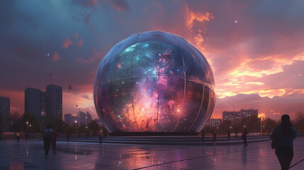 Wall Mural - planetarium at dusk, its modern glass and steel structure glowing with internal light. the projectio