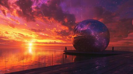 Wall Mural - planetarium during sunset, with its reflective dome mirroring the orange and purple hues of the sky.