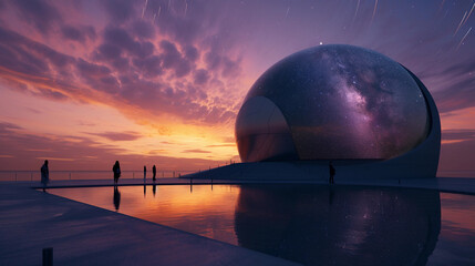 Wall Mural - planetarium during sunset, with its reflective dome mirroring the orange and purple hues of the sky. Inside, visitors are immersed in a 360-degree projection of a starry night sky, with shooting stars