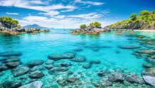 a crystal-clear blue lagoon with rocks and boats floating on the surface