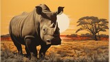 Fototapeta  -  a painting of a rhino standing in a field with trees in the background and a sun setting in the sky.