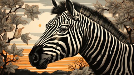 Poster -  a painting of a zebra standing in front of a painting of a sunset with trees and a body of water.