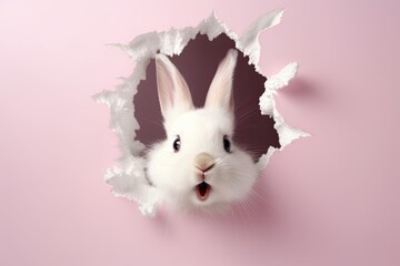 Wall Mural - Cute happy flaffy white easter bunny peeking out