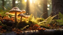  A Group Of Mushrooms Sitting On Top Of A Forest Floor Covered In Green Grass And Leaves With The Sun Shining Through The Trees In The Background.