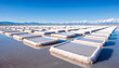 salt pan with square salt blocks lined up in rows reflecting in the water