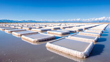 Salt Pan With Square Salt Blocks Lined Up In Rows Reflecting In The Water