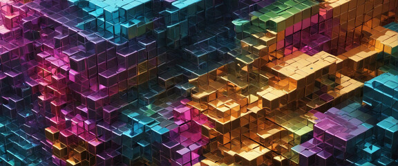 Wall Mural - streaming data and ai visualization. vibrant array of metallic blocks in motion, creating a visually