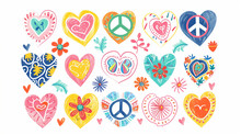 Hearts With Classic 60s Peace Symbols And Flower Power Designs, 1960s Retro Set, White Background, Valentine's Day, Doodle, Drawings