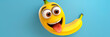 Banner with banana on blue background. Funny cartoon character tropical fruit with eyes and smile. Banana Day. Cute header for menu, website, advertising, blog, kid friendly food, vegetarian store