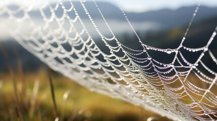 Wall Mural -  a close up of a spider web in a field of grass with a mountain in the distance in the background.
