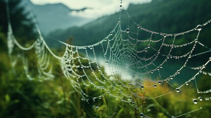 Wall Mural -  a close up of a spider web in a field of grass with a river in the distance in the background.