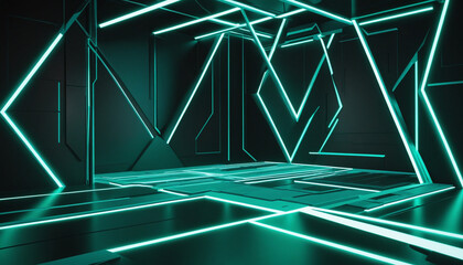 Wall Mural - Abstract Blue Green Neon 3D Background with Geometric Shapes and Glowing Lines