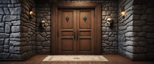 Mystical Medieval Room With Wooden Door Skull And Stone Wall Perfect For Halloween Space For Text With Copyspace For Text