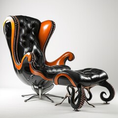 Wall Mural - A black and orange chair with an octopus foot stool, AI