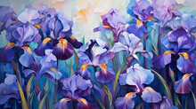 Purple Pink Blue Iris Flowers Closeup, Impressionist Style Painting, Textured Brush Work, Bright Colours