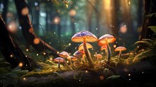  A Group Of Mushrooms Sitting On Top Of A Lush Green Forest Covered In Lots Of Bright Yellow Lights And Moss.