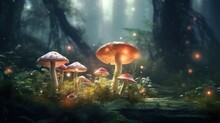  A Group Of Mushrooms Sitting On Top Of A Lush Green Forest Filled With Lots Of Leaves And Glowing Fireflies.