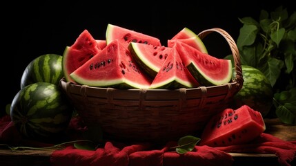 Poster -  a basket filled with slices of watermelon sitting on top of a table next to other watermelons.