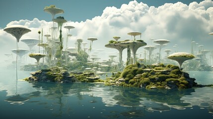 Sticker -  a futuristic floating island in the middle of a body of water with lots of trees and plants growing out of it.