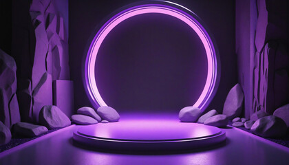 Wall Mural - abstract ultraviolet background with stone platform, rocks, neon arch, glowing line, and mirror refl