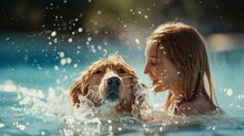 Happy Girl Playing With A Smiling Dog In The Pool With Clear Water In A Country House During The Day In High Resolution