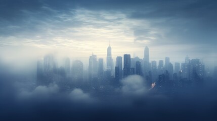 Poster -  a view of a city in the distance with clouds in the foreground and a blue sky in the background.