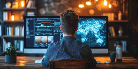 Aufkleber - Visionary Programmer Engages with Advanced Data Analysis and Cybernetic Patterns in a High-Tech Workspace Illuminated by the Soft Glow of Multiple Screens, Generative AI