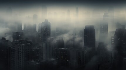 Poster -  a foggy cityscape with skyscrapers in the foreground and a bird's eye view of the city.