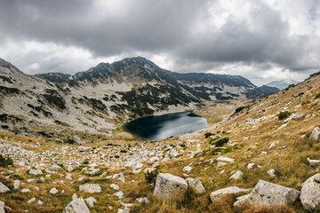 Wall Mural - Vlakhino mountain lake in cloudy autumn day. Pirin national park, Bulgaria.