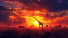 Silhouette Of Elephants And Giraffes With Sunset. Element Of Design.