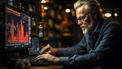 Sticker - Successful businessman working on laptop in illuminated office generated by AI