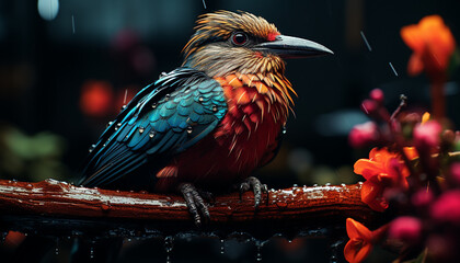 Canvas Print - Colorful macaw perched on branch in tropical rainforest generated by AI