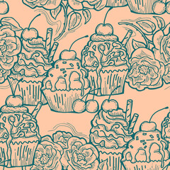  Tasty sweet cupcake dessert decorative seamless pattern for textile design, fabric print, digital or wrapping paper, wallpaper, background and backdrop, bakery shop decoration, cafe, restaurant menu.