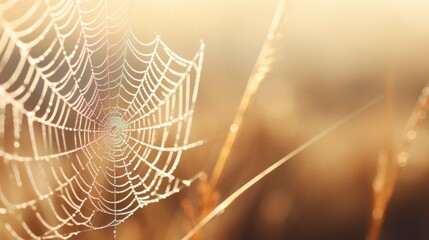 Wall Mural -  a close up of a spider's web on a plant with dew drops on the spider's web.