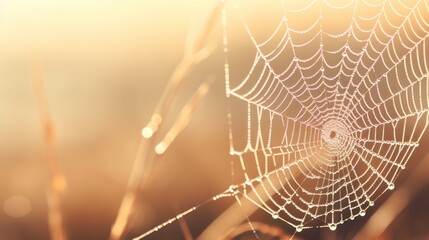 Wall Mural -  a close up of a spider web with dew drops on it's spider's web, with a blurry background.
