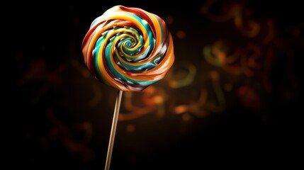 Sticker -  a close up of a colorful lollipop on a stick on a black background with a blurry effect.