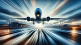 Fototapeta  - Airliner's Rapid Ascent Over Blurred Airport Scene