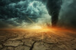 Big tornado storm above the desolate land. Dry cracked ground field and weather disasters caused by the global climate change. Environmental problem concept