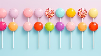 Sticker -  a row of lollipops sitting on top of each other on top of a blue and pink background.