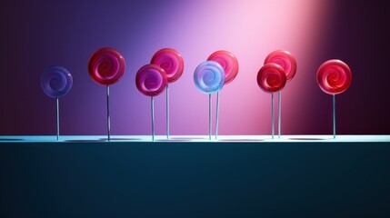 Sticker -  a row of candy lollipops sitting on top of each other in front of a purple and pink background.