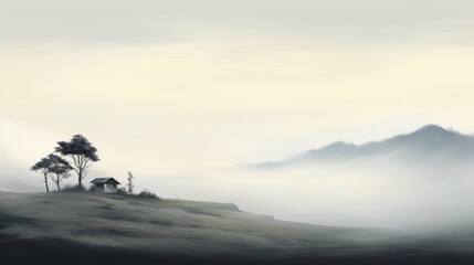 Wall Mural -  a painting of a house on a hill with trees in the foreground and a foggy sky in the background.