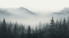  A Black And White Photo Of A Foggy Forest With Pine Trees In The Foreground And Mountains In The Background.