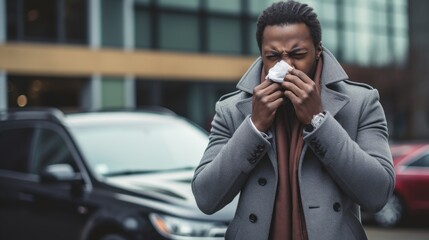 Sticker -  a man standing in front of a building holding a napkin in his hand and blowing his nose with a napkin in front of his mouth.