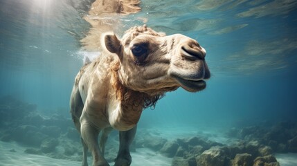 Poster -  a close up of a camel underwater in a body of water with rocks and a rock wall in the background.