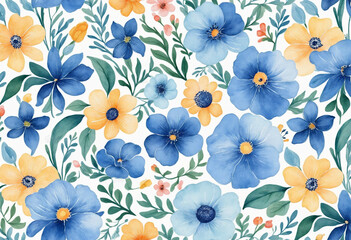 Wall Mural - Blue watercolor floral backdrop.