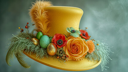 Wall Mural - Yellow top hat decorated with green easter eggs and bouquet.