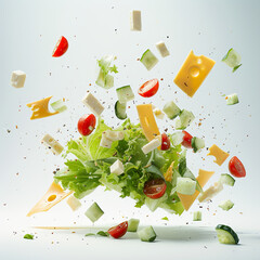 Wall Mural - salad flying in the air with cheese, onions and tomatoes on a white background. Food photography
